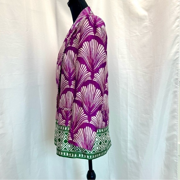 Zara fuchsia purple green printed satin open front long sleeve lapel blazer S - Picture 6 of 13